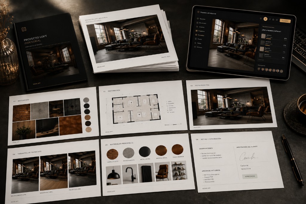 Printed PDF pack with moodboard, plans, variants, and approval