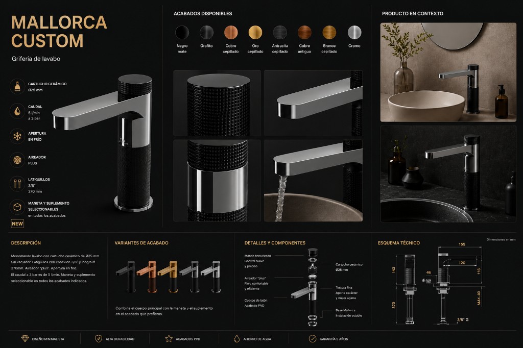 Product sheet with renders, finishes, and technical diagram