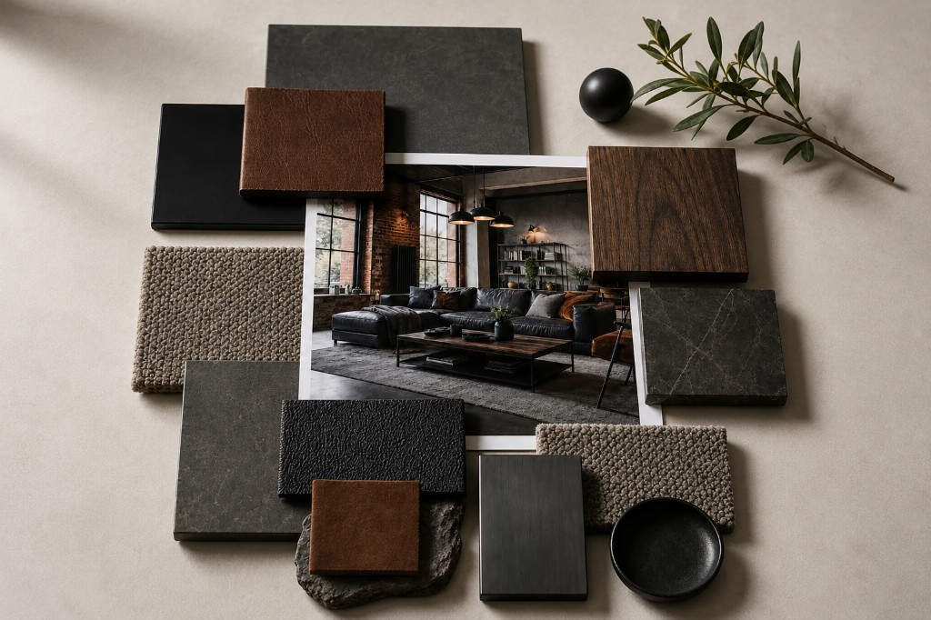 Moodboard with material swatches and project references