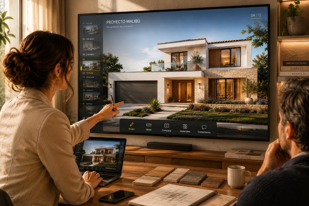 Project presentation on a large screen with slide navigation