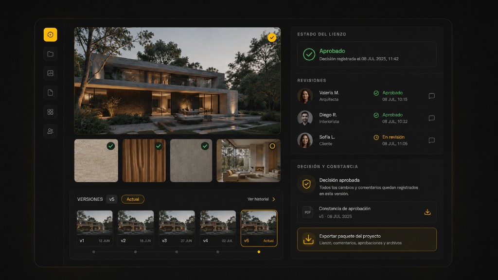 Approved status, version history, team reviews, and export pack