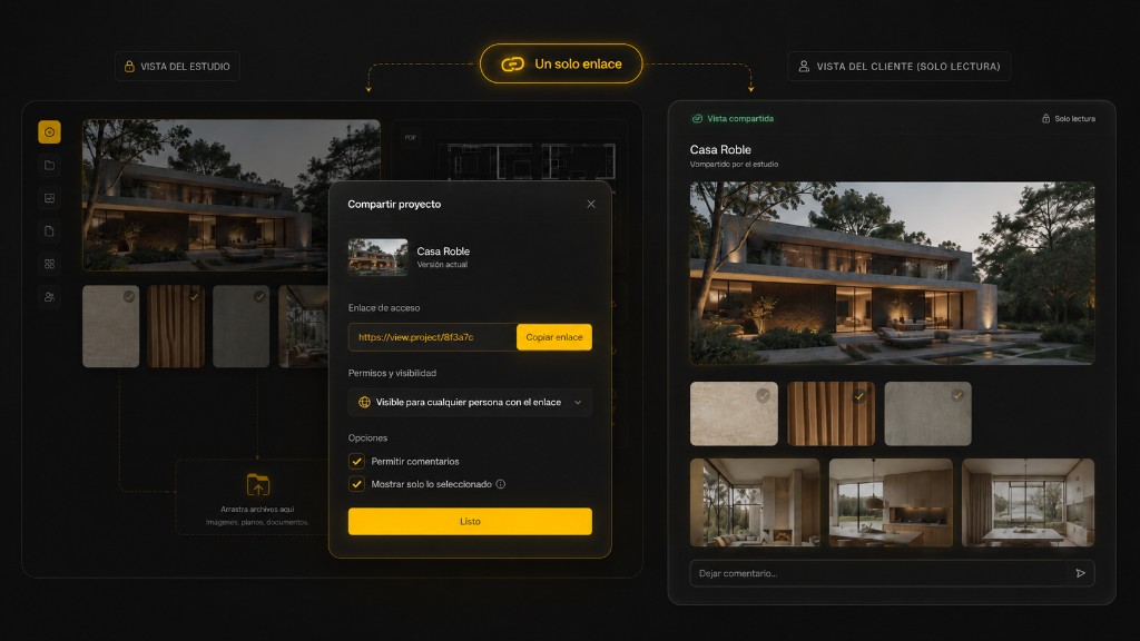 Share modal with unique link, permissions, and read-only client view
