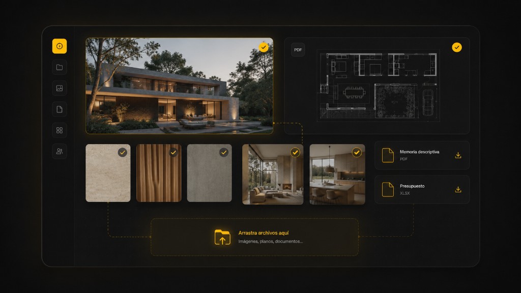 Idear board with render, plan, materials, references, and project documents together