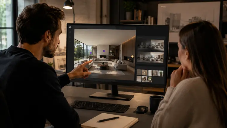 Render artist reviewing images